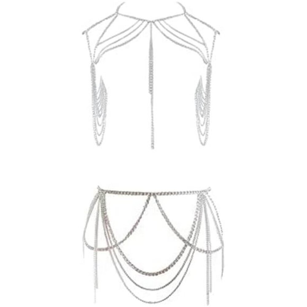Silver Body Chain Jewelry Set  Shoulder Chain & Waist Chain for Festivals, Beach